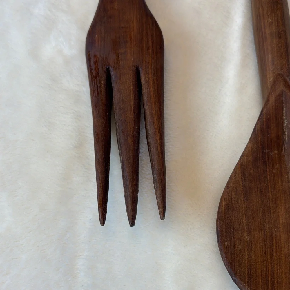 Mid-Century Wooden Dining Set with Carved Handles African Motif Condiment Bowls